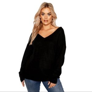 Boohoo Plus Sweater With V Neck Detail Front And Back Black